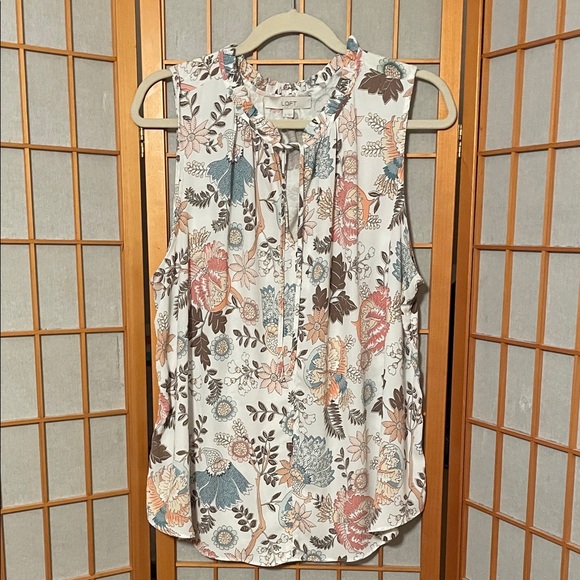 LOFT Mixed Media Floral Sleeveless Blouse Tie Detail at Neck Size XL - Picture 1 of 7